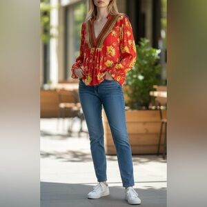 Anthropologie Bl-nk Stephanie V-neck Floral Balloon Sleeve Top Size XS